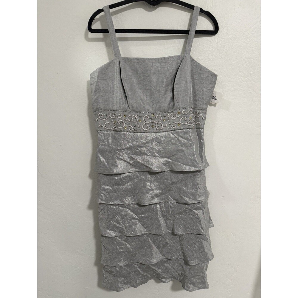 R&M Richards NWT Silver Beaded Tiered Dress Size 14 No Jacket